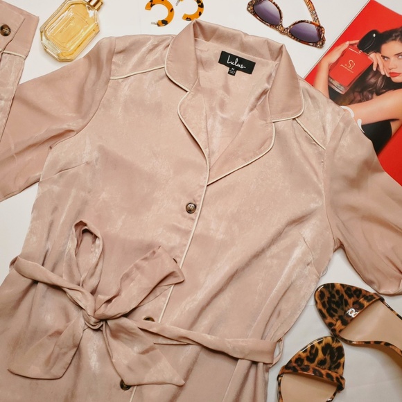#30 LULUS Satin Long Sleeve Midi Shirt Dress - Picture 2 of 7